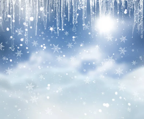 雪の結晶とつららを持つクリスマスの背景の3Dレンダリング — ストック写真