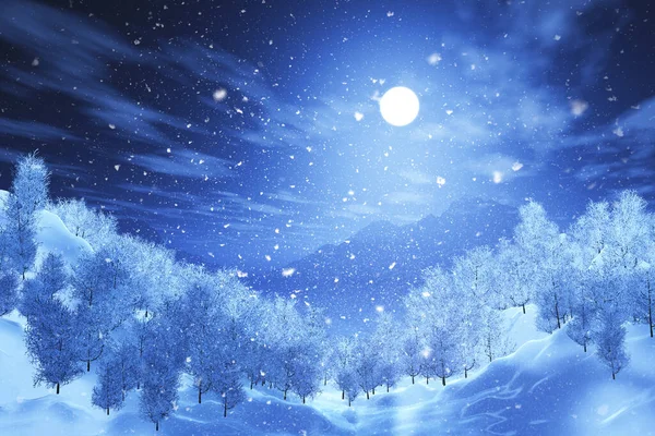 Render Christmas Winter Landscape Falling Snow — Stock Photo, Image