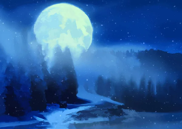 Handbemalte Weihnachtswinterlandschaft Mit Mondbeschienenem Himmel — Stockvektor