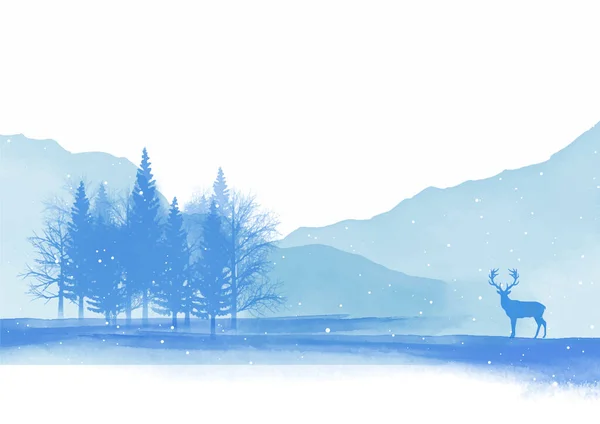 Akvarell Handmålade Snöiga Vinterlandskap Med Träd Och Rådjur — Stock vektor