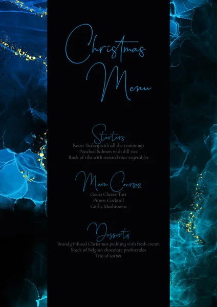 Κομψό Χριστουγεννιάτικο Μενού Σχεδιασμό Μπλε Και Χρυσό Φόντο Μελάνι Αλκοόλ — Διανυσματικό Αρχείο
