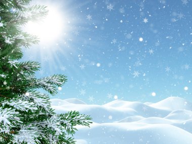 Kış manzarasında karlı bir Noel ağacının 3 boyutlu görüntüsü