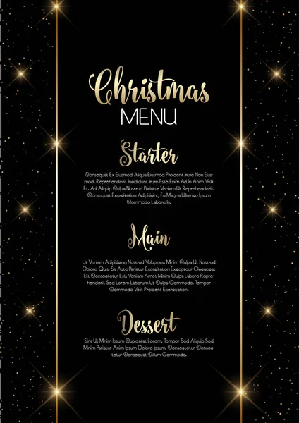 Design Elegante Menu Natal Preto Dourado Com Estrelas Cintilantes — Vetor de Stock