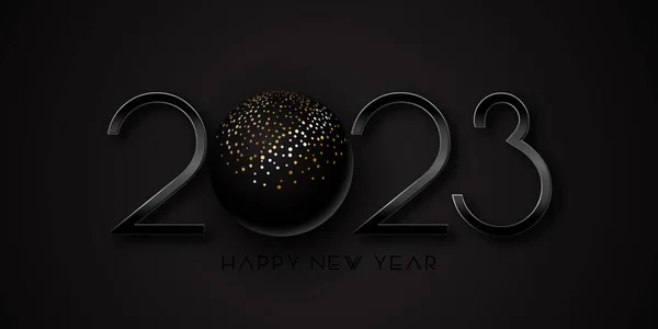 Design Banner Feliz Ano Novo Escuro Com Bugiganga Preta Dourada — Vetor de Stock