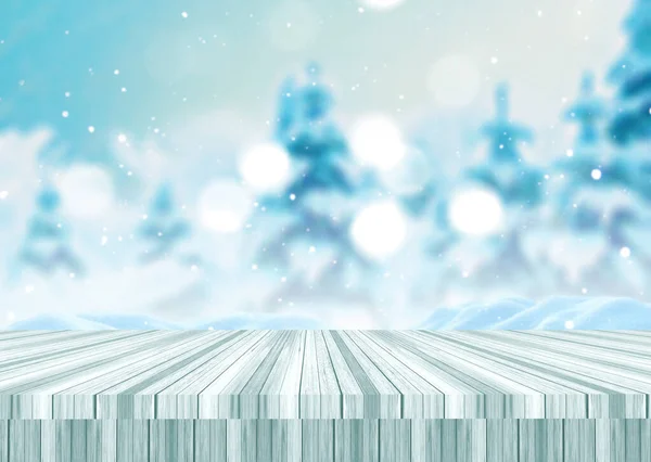 Darstellung Eines Weihnachtlichen Hintergrunds Mit Holztisch Vor Einer Defokussierten Winterlandschaft — Stockfoto