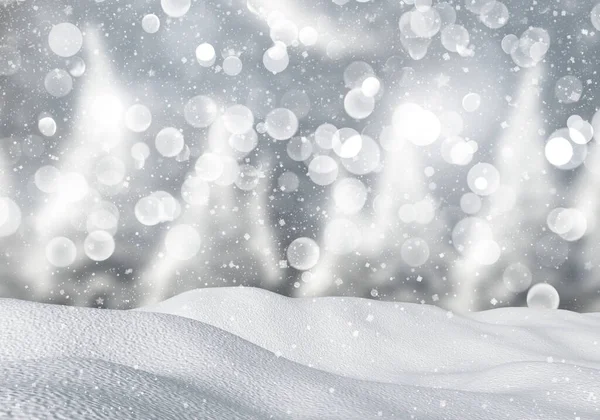 Renderização Fundo Natal Com Neve Contra Design Luzes Bokeh — Fotografia de Stock