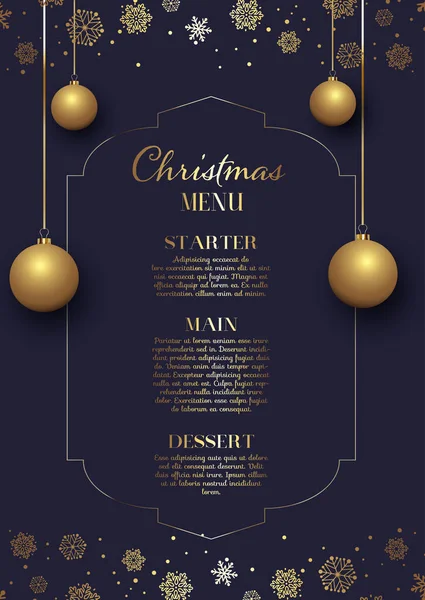 Elegant Christmas Menu Background Hanging Baubles Snowflakes Design — Stock Vector