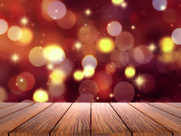 stock image 3D render of a Christmas background with wooden table looking out to a bokeh lights design