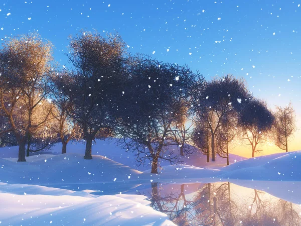 日落时雪地冬季树木景观的3D渲染 — 图库照片