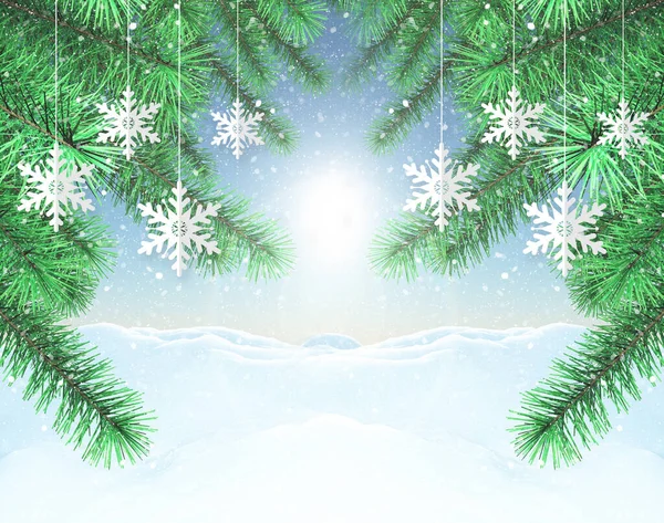 松の木の枝や雪の結晶をぶら下げクリスマスの背景 — ストック写真