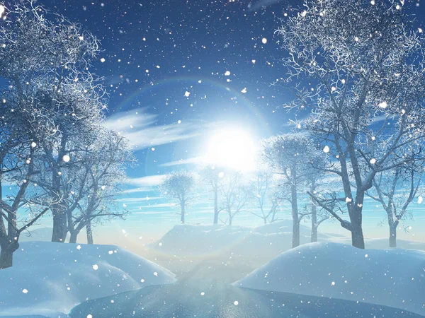 Renderowanie Zimowego Krajobrazu Drzewa Opadającym Śniegiem — Zdjęcie stockowe
