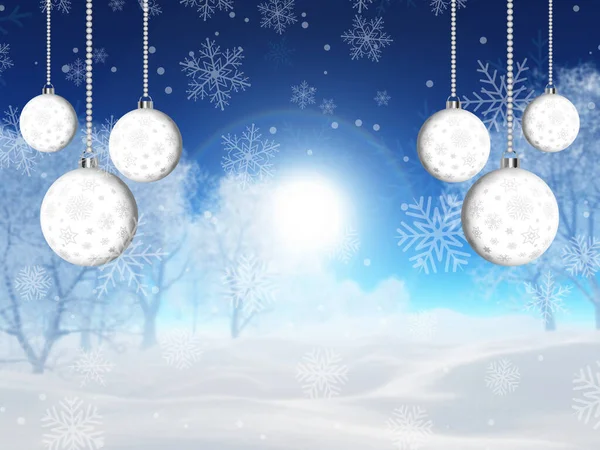 Boże Narodzenie Drzewo Zimowy Krajobraz Wiszące Bombki Płatki Śniegu — Zdjęcie stockowe