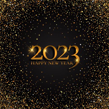 Metalik altın rakamlar ve konfeti tasarımı ile mutlu yıllar.