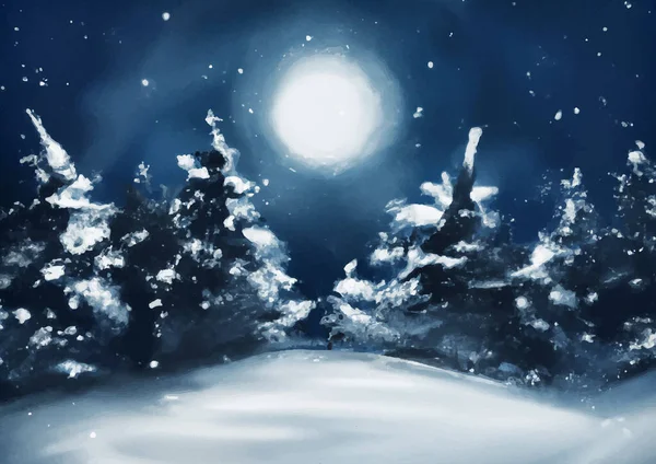 Acquerello Dipinto Mano Paesaggio Invernale Notte Con Neve Che Cade — Vettoriale Stock
