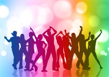 Silhouette of a crowd of people dancing on a rainbow bokeh lights background