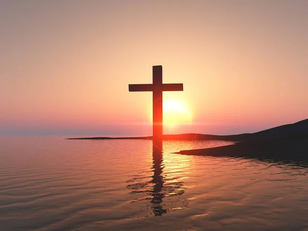 3D render of a Good Friday background with cross against a sunset sky