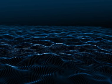 3D render data technology background with flowing waves of particles