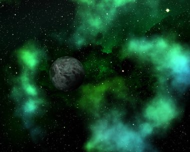 3D render of a space scene with nebula and abstract planet