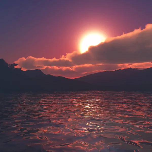 3D render of a landscape with mountains and sea against a sunset sky