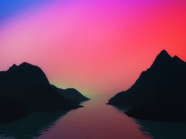 3D render of an abstract landscape with colourful sky