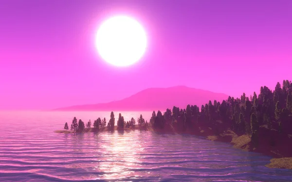 Darstellung Einer Landschaft Mit Bauminsel Vor Einem Rosafarbenen Himmel Bei — Stockfoto