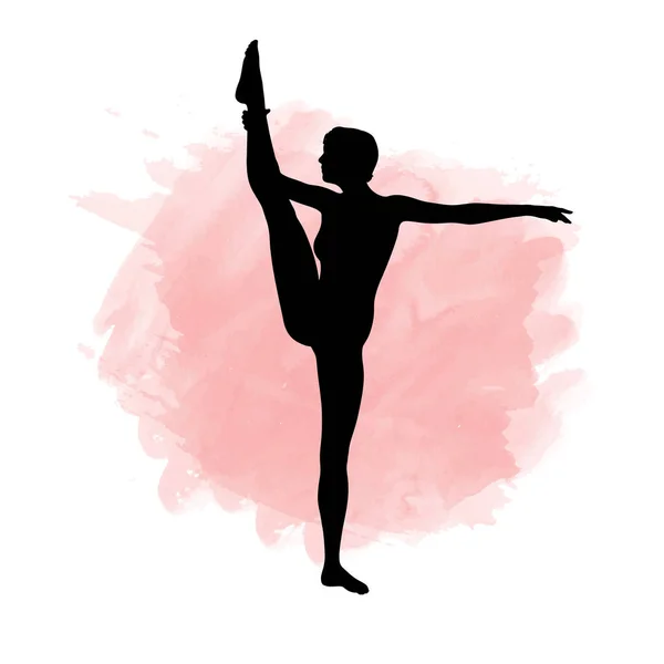 Silhuett Kvinnlig Gymnast Rosa Akvarell Struktur — Stock vektor