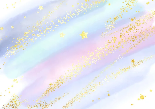 Pastel Aquarel Achtergrond Met Sprankelende Glinsterende Gouden Sterren Confetti — Stockvector