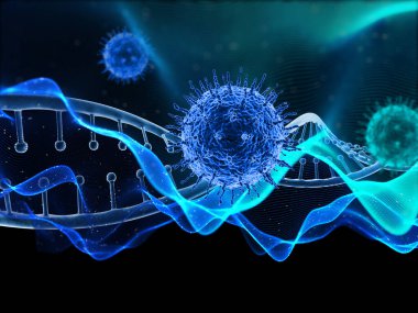 Virüs hücreleri ve DNA iplikçikleriyle soyut bir tıbbi geçmişin 3 boyutlu canlandırması