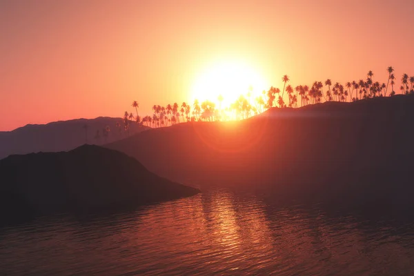 Render Palm Tree Wyspa Przeciwko Niebo Zachód Słońca — Zdjęcie stockowe
