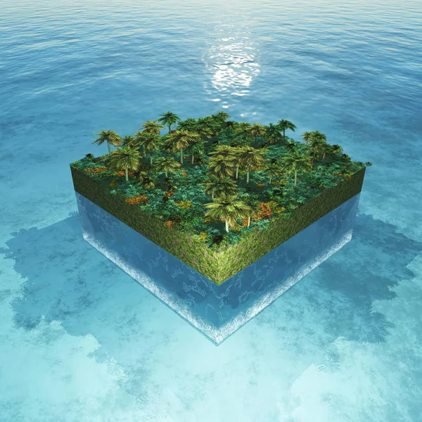 海の中に椰子の木の立方体がある抽象的な風景の3Dレンダリング — ストック写真