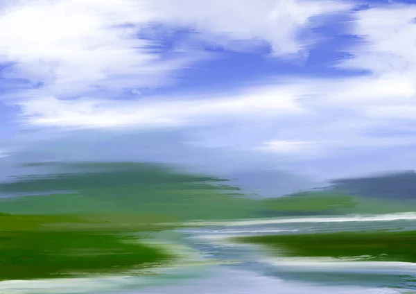 アブストラクト手描きの油絵具の風景草の丘と日当たりの良い青空の背景 — ストックベクタ