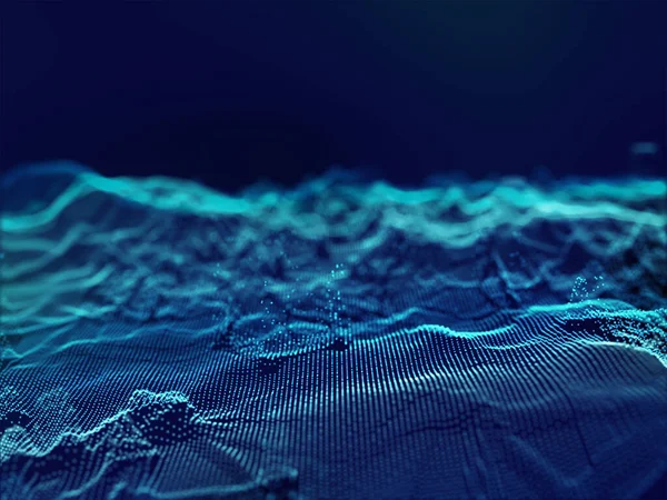 具有流动粒子波的大型数据网络流设计的3D渲染 — 图库照片