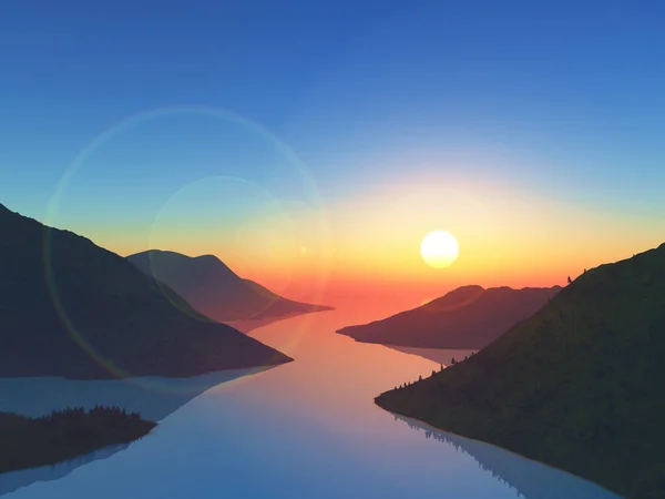 日没の空に対する山脈の風景の3Dレンダリング — ストック写真