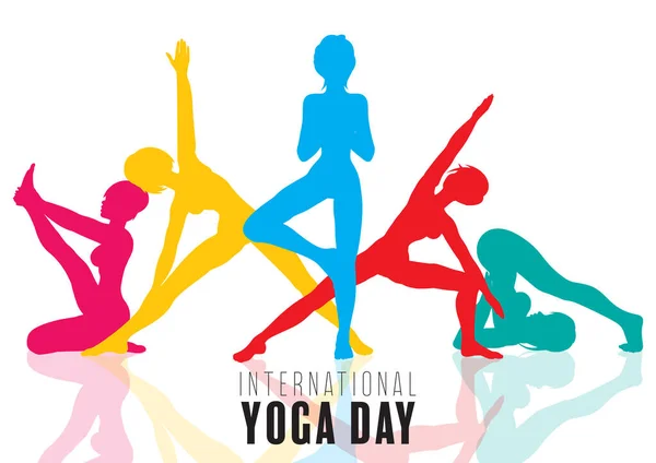 Día Internacional Del Yoga Con Siluetas Coloridas Mujeres Varias Poses — Archivo Imágenes Vectoriales