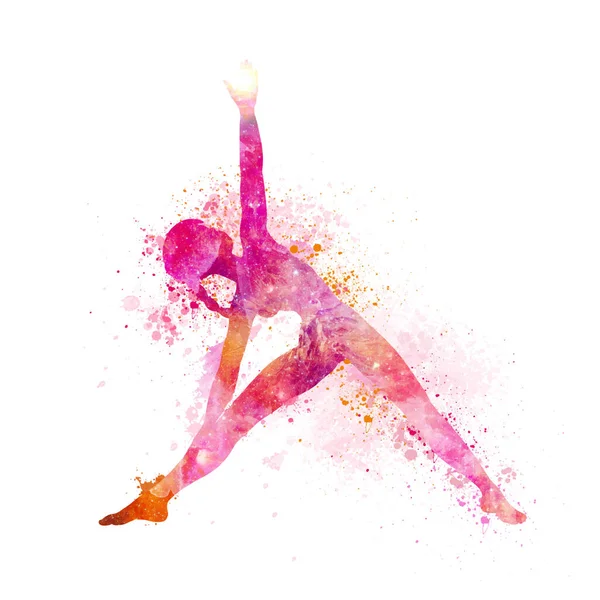 Kvinna Yogapose Med Handmålad Akvarellsplatter Design — Stock vektor
