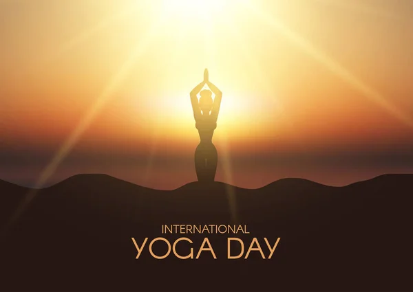 Internationell Yogadag Bakgrund Med Siluett Kvinna Yogapose Solnedgången Landskap — Stock vektor