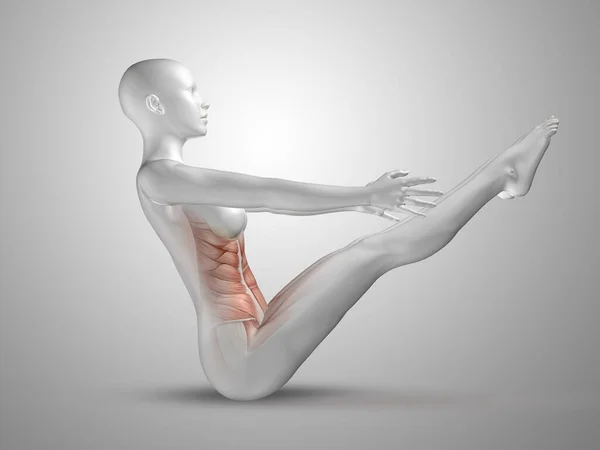 Render Female Medical Figure Yoga Pose Stomach Muscles Highlighted — Stock Photo, Image