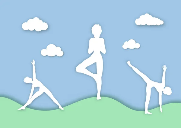 Journée Internationale Yoga Paysage Fond Dans Conception Style Papier — Image vectorielle