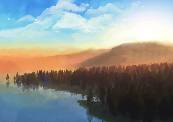 Handgemalter Hintergrund Eines Abstrakten Sonnenuntergangs Bäume Und Hügel Landschaft — Stockvektor