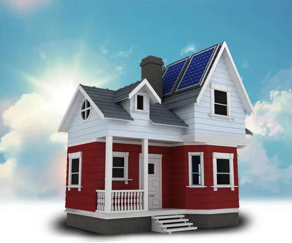 屋根に太陽光パネル付きのモダンな家の3Dレンダリング — ストック写真