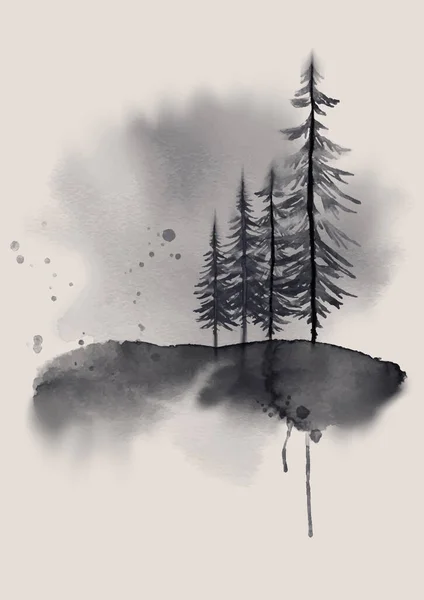 Grunge Ιαπωνικό Στυλ Ζωγραφισμένα Στο Χέρι Τοπίο Δέντρο Ακουαρέλα — Διανυσματικό Αρχείο