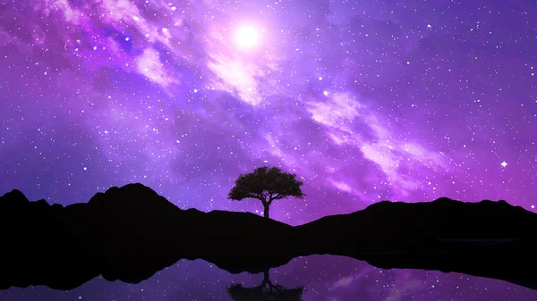 Визуализация Ландшафта Силуэтом Дерева Фоне Ночного Пространства — стоковое фото