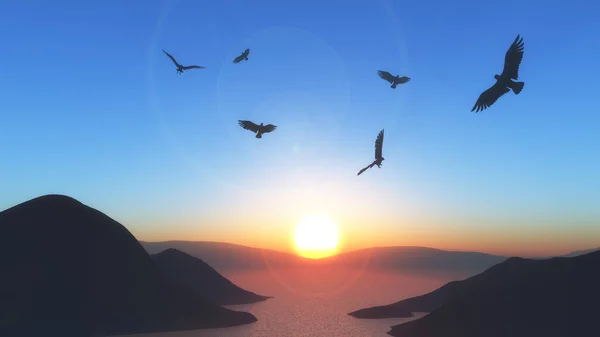 Återgivning Ett Solnedgångs Landskap Med Fåglar Som Flyger Himlen — Stockfoto