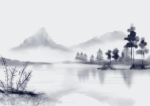 抽象的な手は日本の水墨画のミニマルな風景 — ストックベクタ
