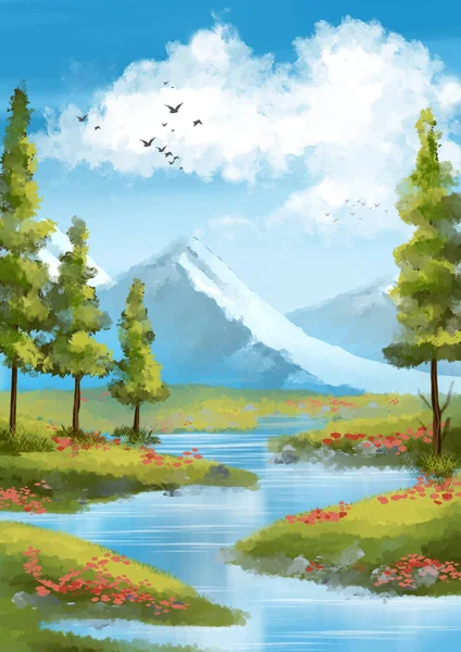 背景に山のある日当たりの良い風景を印象派風に手描きで描き — ストックベクタ