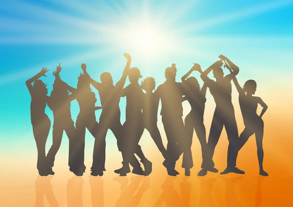 Silhouette Egy Tömeg Emberek Táncolnak Strandon Témájú Háttér Napsugarak — Stock Vector