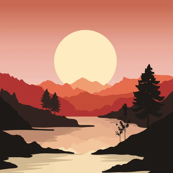 Αφηρημένο Τοπίο Φόντο Βουνά Και Δέντρα Στο Ηλιοβασίλεμα — Διανυσματικό Αρχείο