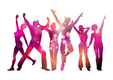 Colourful silhouettes of people dancing on a white background