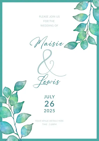 Elegant Wedding Invitation Hand Painted Leaves Design — Stock Vector