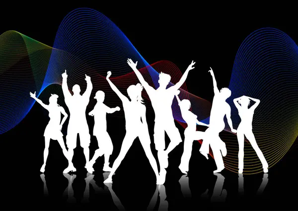 Σιλουέτες Μιας Ομάδας Ανθρώπων Που Χορεύουν Ένα Αφηρημένο Φόντο Κύματος Εικονογράφηση Αρχείου